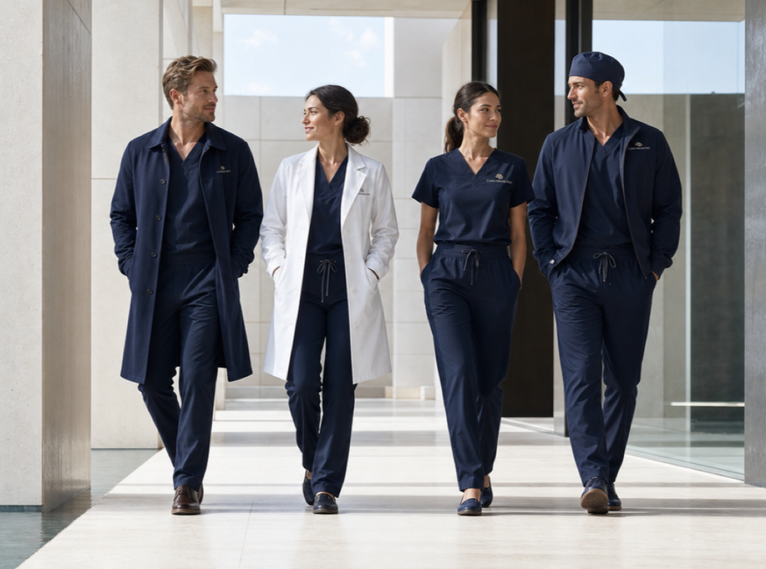 Équipe clinique en uniformes Cura Wear Pro assortis, approche B2B habillage d'équipe